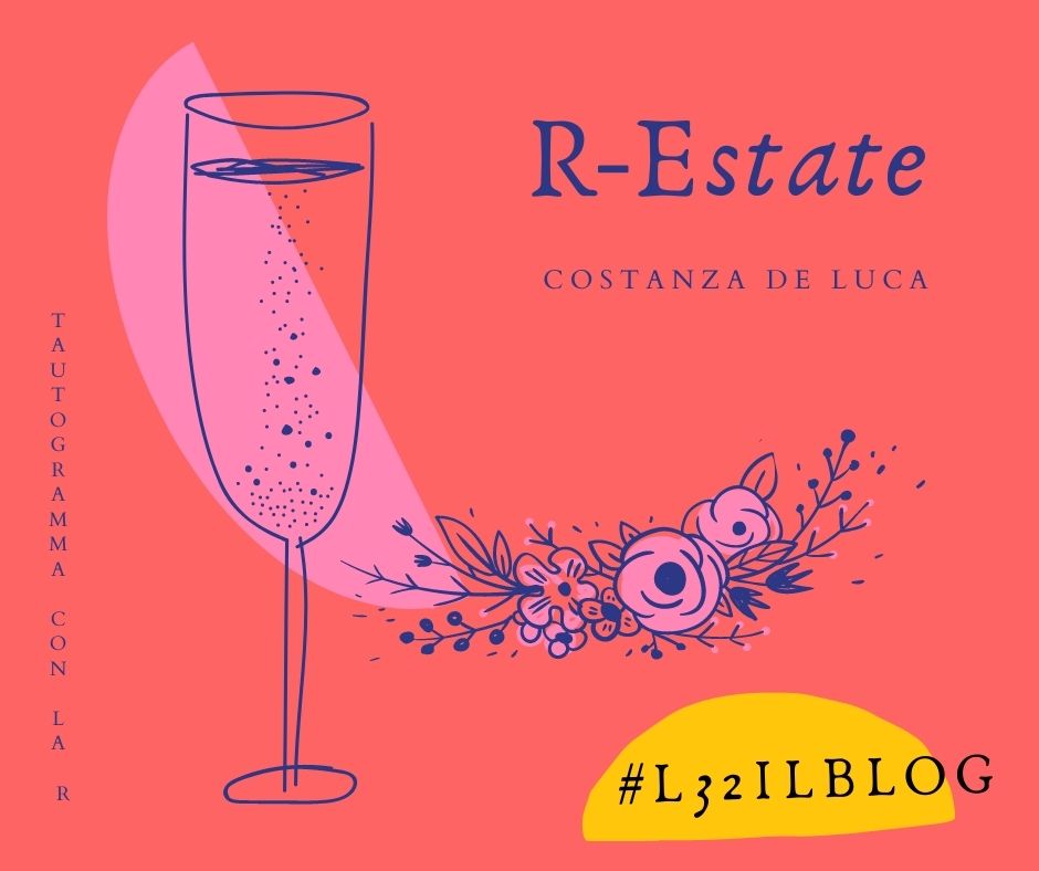 Disegno di un bicchiere a calice con bouquet di fiori. colori di sfondo rosa, blu. Logo del Blog lettera32