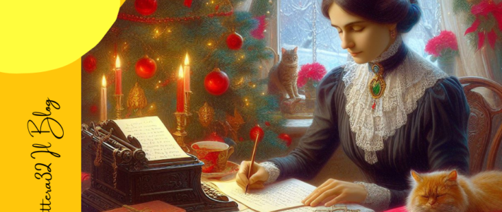 Ada Negri intenta a scrivere su un foglio posto sopra ad un tavolo dove si trova anche una macchina da scrivere e accanto a lei sulla destra un albero di Natale addobbato e sulla sinistra un gatto che dorme sopra un cuscino rosso