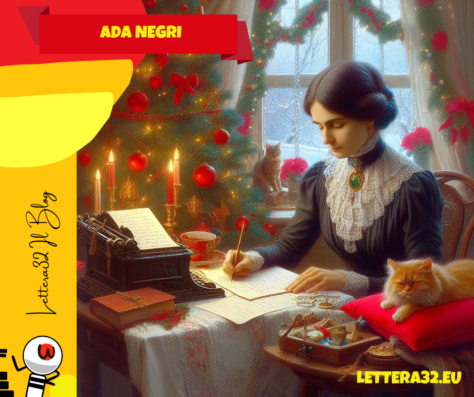Ada Negri intenta a scrivere su un foglio posto sopra ad un tavolo dove si trova anche una macchina da scrivere e accanto a lei sulla destra un albero di Natale addobbato e sulla sinistra un gatto che dorme sopra un cuscino rosso