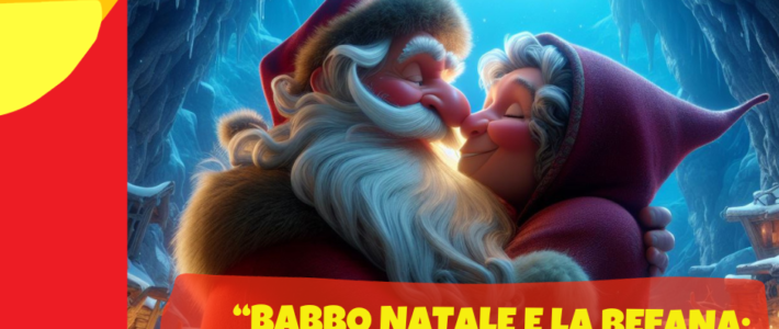 Nell'immagine si vede Babbo Natale e la Befana che si abbracciano amorevolmente in attesa di un bacio