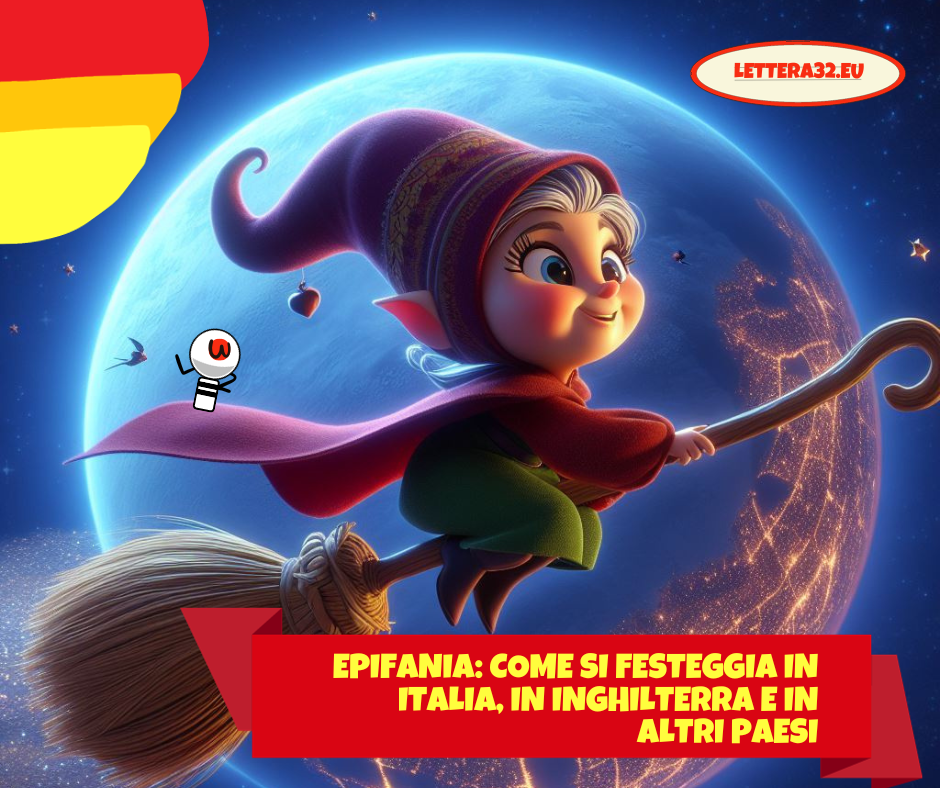 Nell'immagine c'è la Befana giovane sulla scopa che gira per il mondo, il mondo si vede in sottofondo di notte