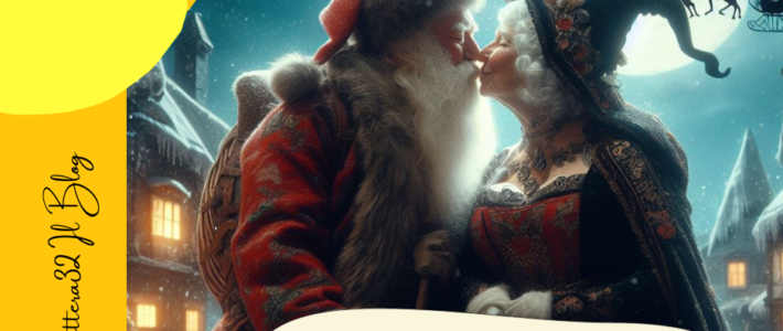 Nell'immagine si vedono Babbo Natale e la Befana che si baciano al chiaro di luna