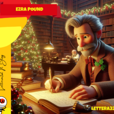 Nell'immagine stile disney pixar 3d si vede ezra pound che scrive una lettera in libreria addobbata per il natale