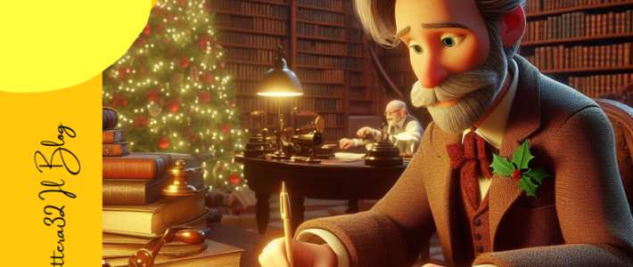 Nell'immagine stile disney pixar 3d si vede ezra pound che scrive una lettera in libreria addobbata per il natale