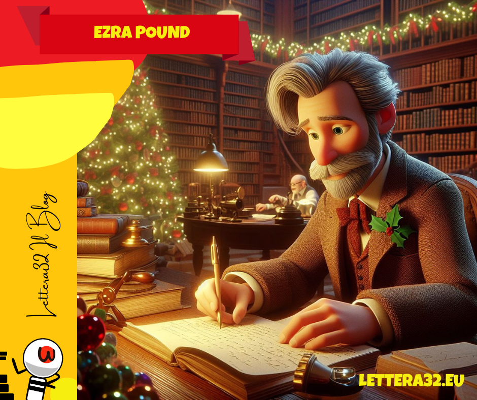 Nell'immagine stile disney pixar 3d si vede ezra pound che scrive una lettera in libreria addobbata per il natale