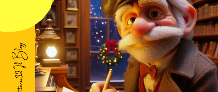 Nell'immagine stile disney pixar si vede giuseppe ungaretti che scrive in una saletta di una biblioteca addobbata per le feste di natale