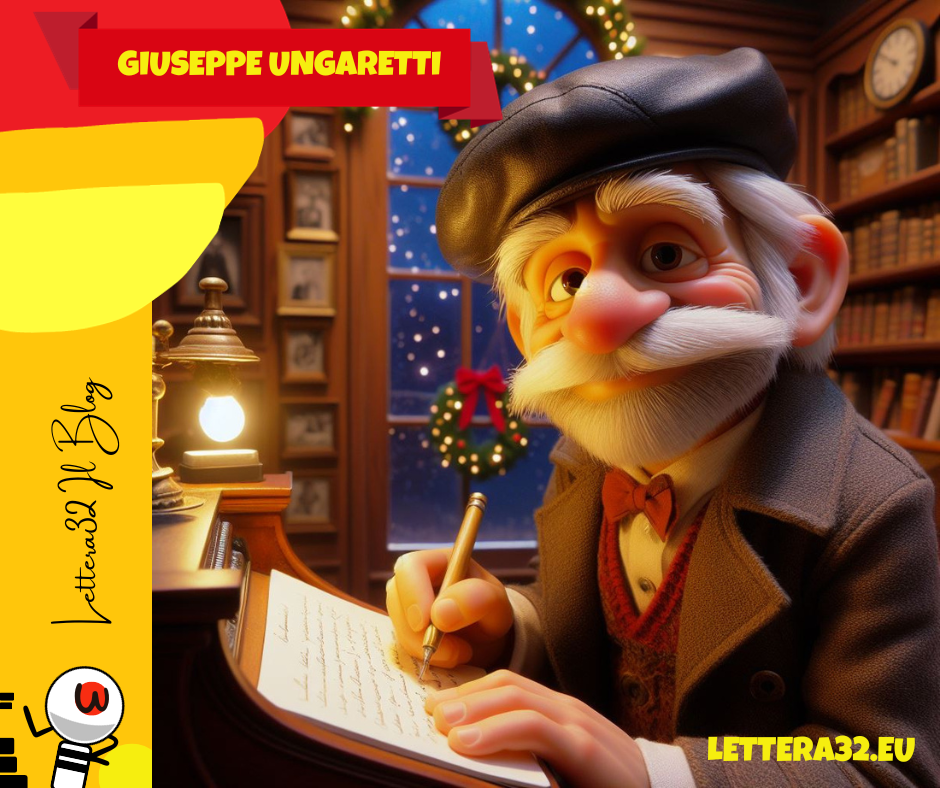 Nell'immagine stile disney pixar si vede giuseppe ungaretti che scrive in una saletta di una biblioteca addobbata per le feste di natale