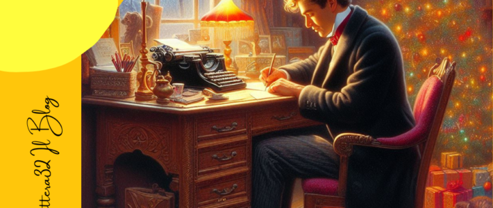Guido gozzano scrive la poesia seduto ad una scrivania con sopra una macchina da scrivere e un gatto che dorme ai suoi piedi in una stanza addobbata a tema natalizio con un albero di natale scintillante di luci
