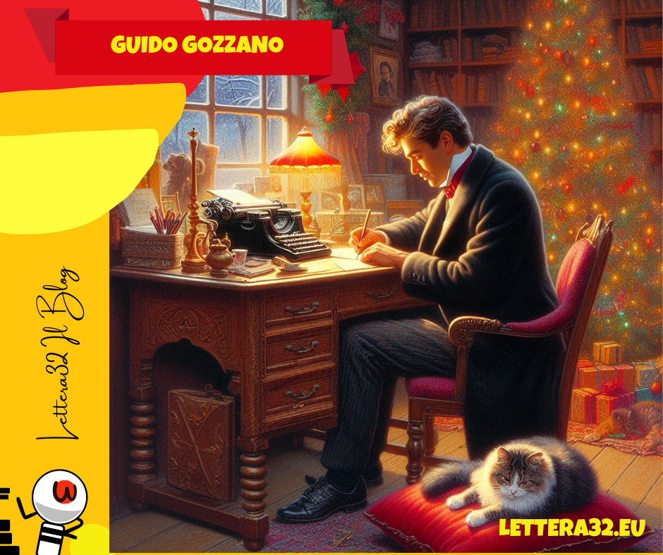 Guido gozzano scrive la poesia seduto ad una scrivania con sopra una macchina da scrivere e un gatto che dorme ai suoi piedi in una stanza addobbata a tema natalizio con un albero di natale scintillante di luci