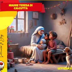 Madre Teresa che abbraccia un bambino appena nato, seduta su un letto con accanto altri due bambini che la guardano ammirati ed un cane in un'atmosfera natalizia