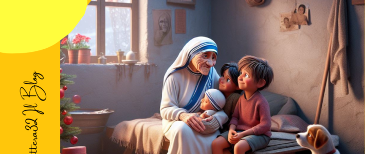 Madre Teresa che abbraccia un bambino appena nato, seduta su un letto con accanto altri due bambini che la guardano ammirati ed un cane in un'atmosfera natalizia