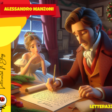 Alessandro Manzoni che scrive la poesia "Il Natale" seduto alla scrivania in una stanza addobbata per il Natale