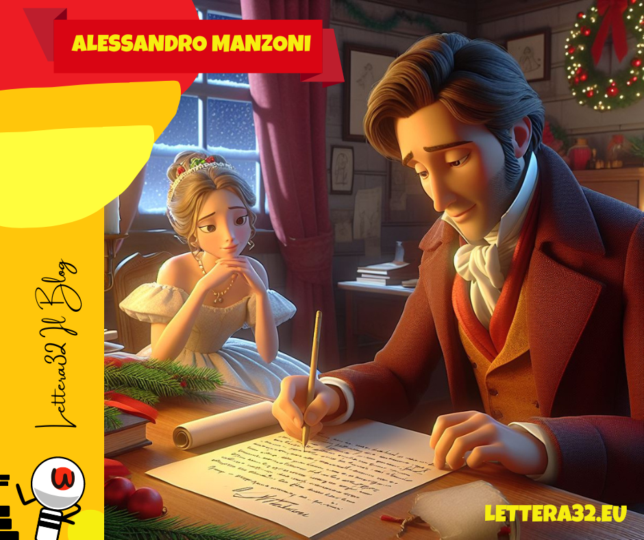 Alessandro Manzoni che scrive la poesia "Il Natale" seduto alla scrivania in una stanza addobbata per il Natale