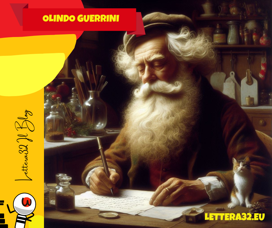 Olindo Guerrini che scrive seduto accanto ad un tavolo della cucina addobbata per la festa di natale con un piccolo gatto sul tavolo