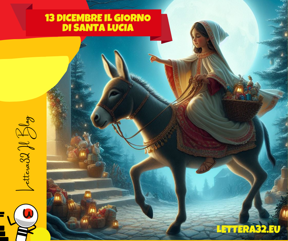 nell'immagine si vede santa lucia bambina in sella all'asinello che nella notte del 13 dicembre. la notte più corta che ci sia, porta i doni ai bambini