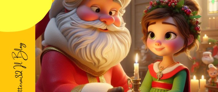 Nell'immagine troviamo una santa lucia stile disnay pixar bambina che tiene in mano una candela insieme a babbo natale in un'atmosfera natalizia