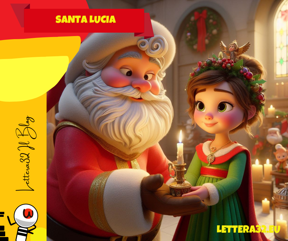 Nell'immagine troviamo una santa lucia stile disnay pixar bambina che tiene in mano una candela insieme a babbo natale in un'atmosfera natalizia
