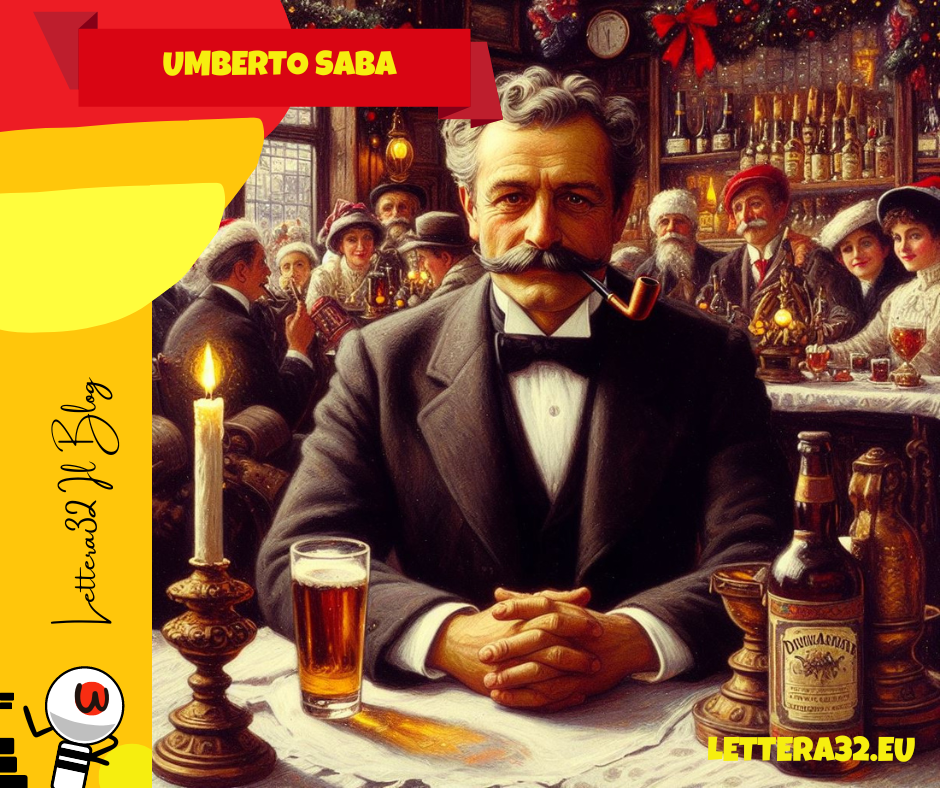 Umberto saba è seduto ad un tavolino di un bar di trieste, bar addobbato per natale