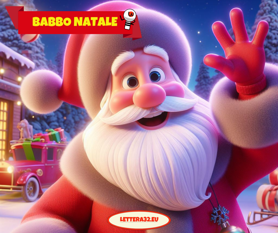 Nell'immagine si vede Babbo Natale che saluta con la mano, immagine creata con lo stile Disnay
