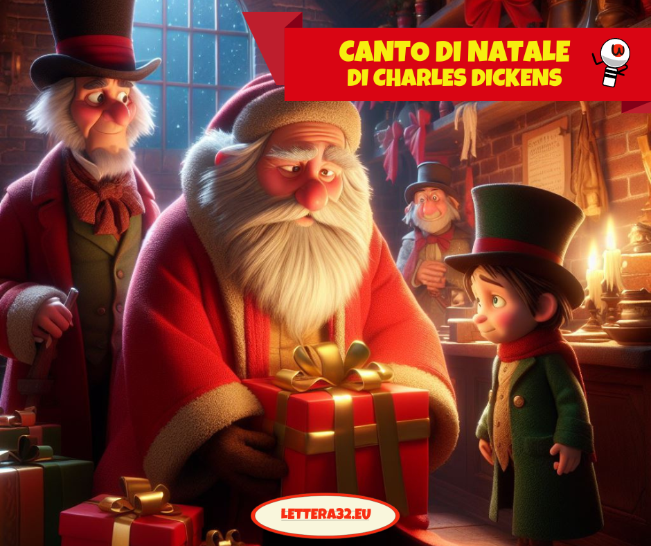 Nell'immagine si può vedere nello sfondo Ebenezer Scrooge, mentre in primo piano c'è Tim, il figlio di Bob Cratchit, che guarda ammirato Babbo Natale che gli consegna un pacco regalo